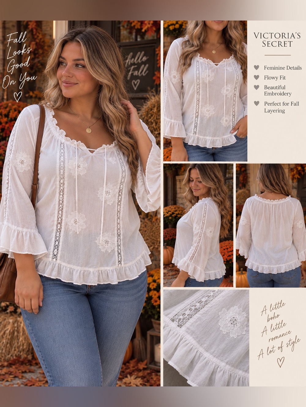 Victoria’s Secret White Boho Embroidered Peasant Blouse Bell Sleeve Top